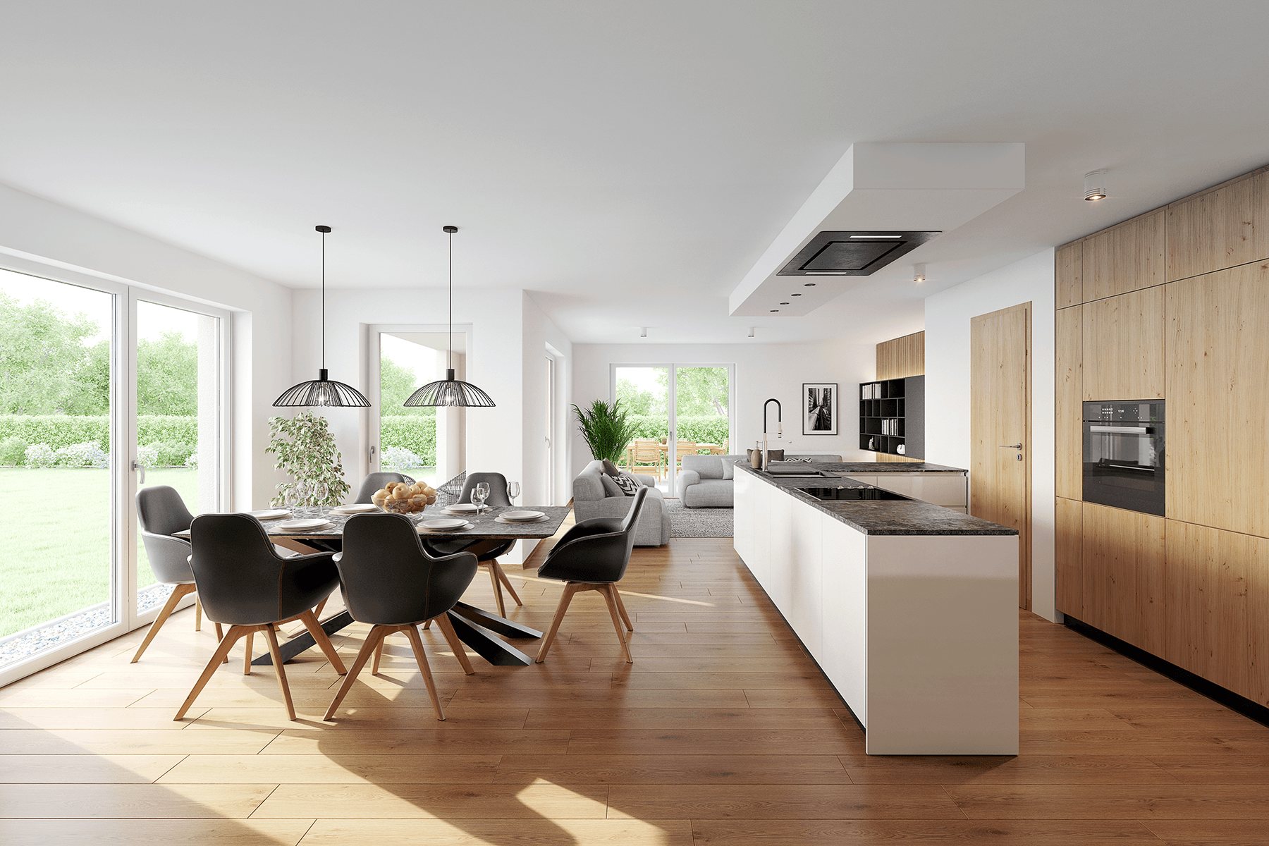 Offenes Wohnzimmer mit Blick in die Küche