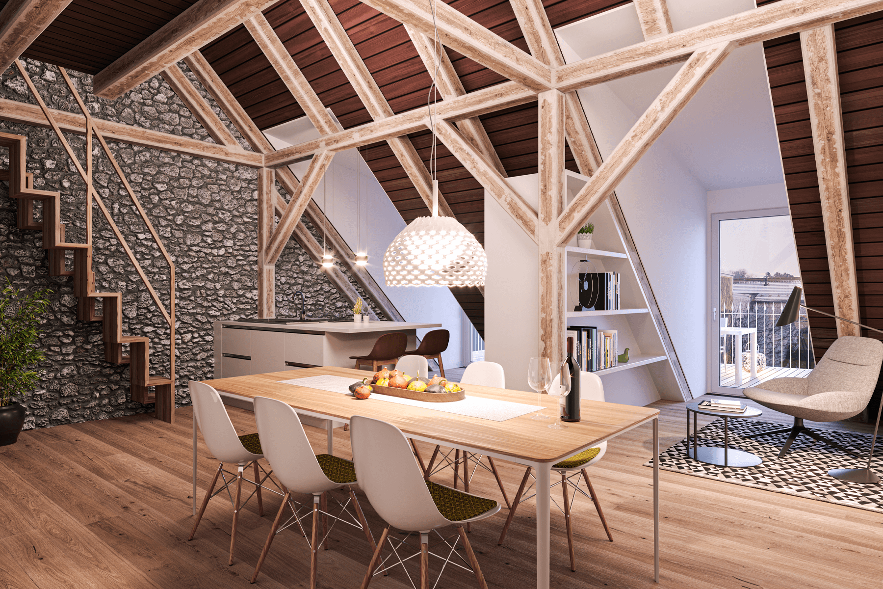 Offenes Wohnzimmer mit Blick in die Küche und Essbereich